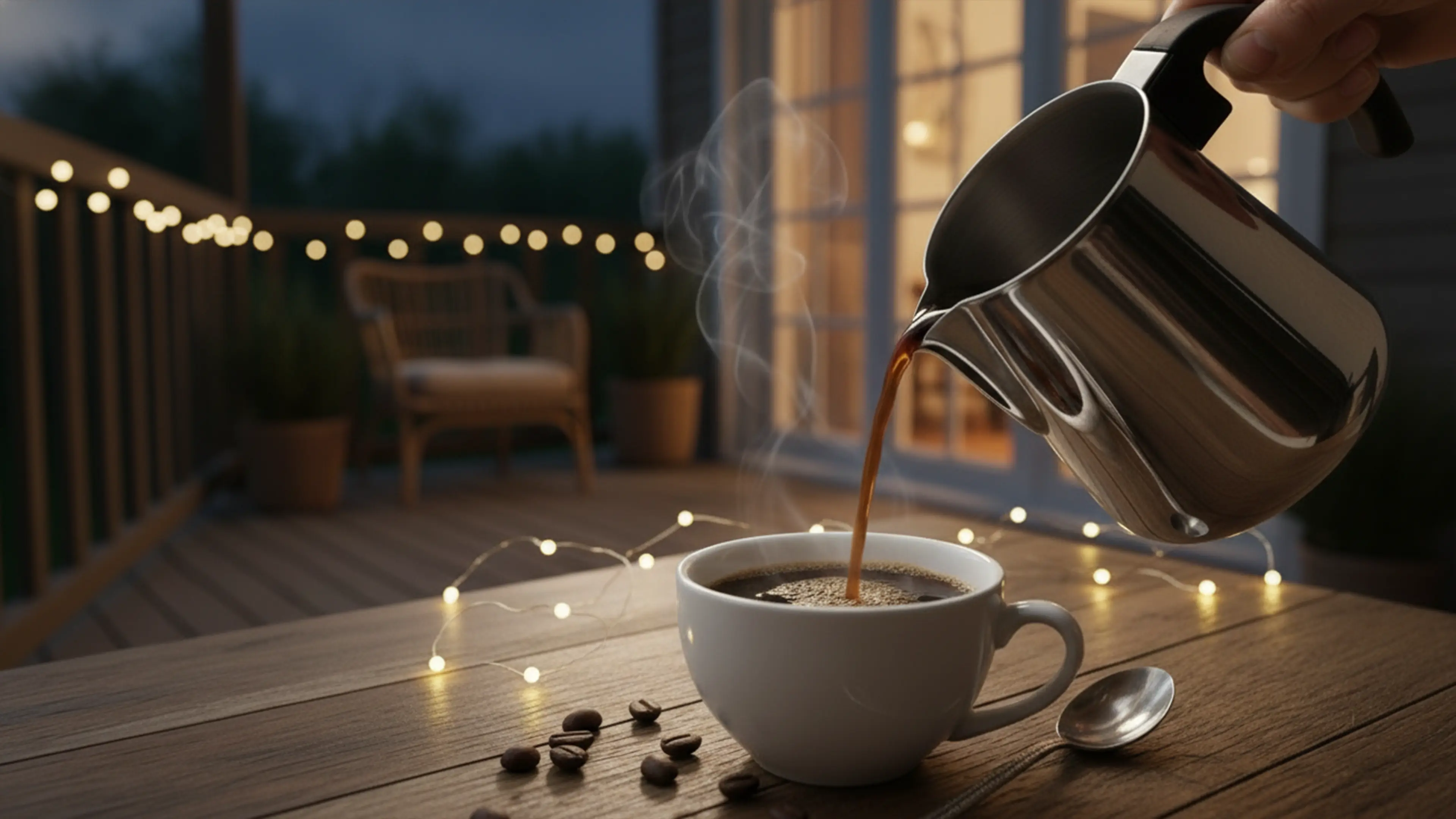コーヒー注ぐイメージ（ベランダ）